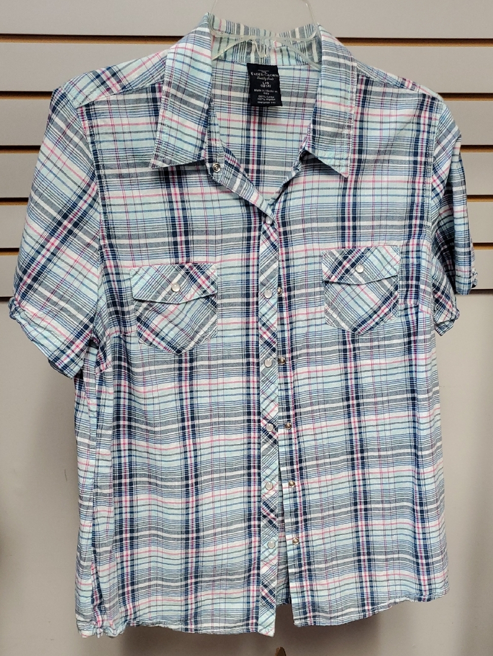 Plaid Short-Sleeve Button-Up Shirt - Light Blue/Pink
